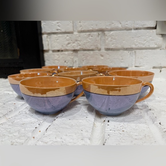 10 Vintage Meito China Hand painted Iridescent blue porcelain tea cups w/Saucers - Picture 4 of 11